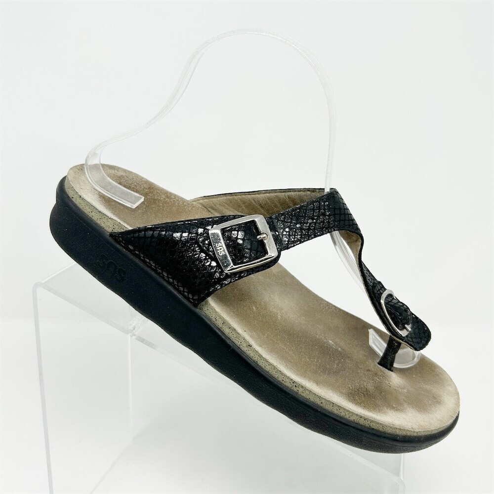 SAS Sanibel Comfort Sandals Black Snake Embossed Thong T-Strap Size 8.5 Medium